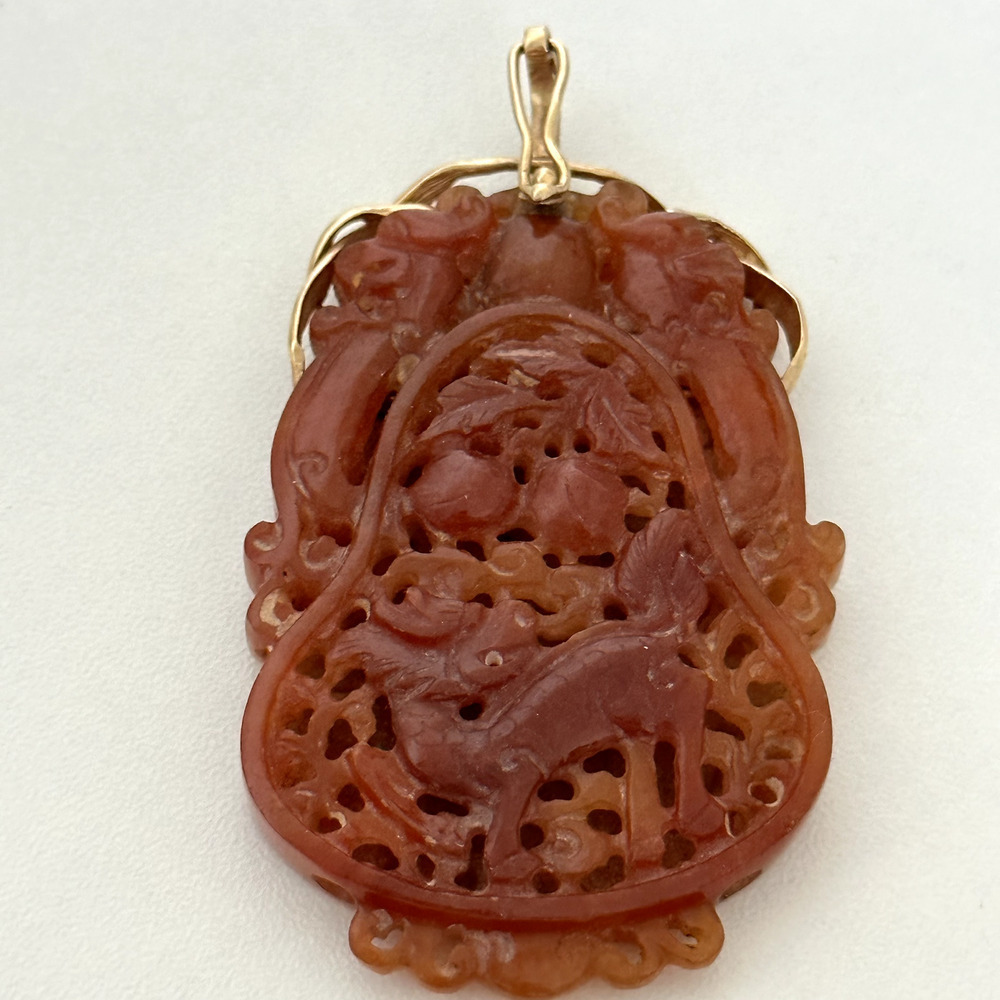 Vintage 14K Yellow Gold Red Orange Carved Jade Chinese Dragon Large Pendant